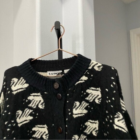 Vintage Bird Button Cardigan Wool Blend Swan Black White Print 60s Large - Picture 2 of 6